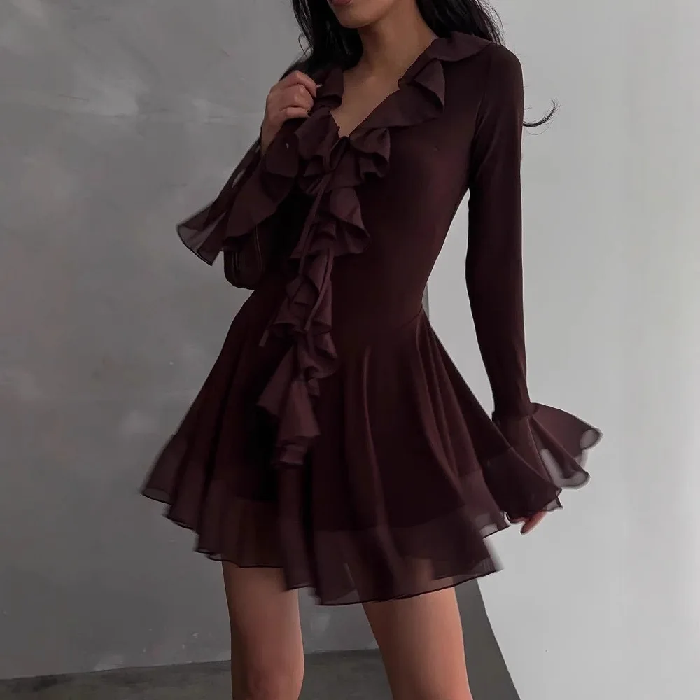 

Ruffles V Neck Mini Dresses Women Flare Sleeve Sweet Fairycore Spring Autumn Dress Chic High Street A-Line Party Night Gown