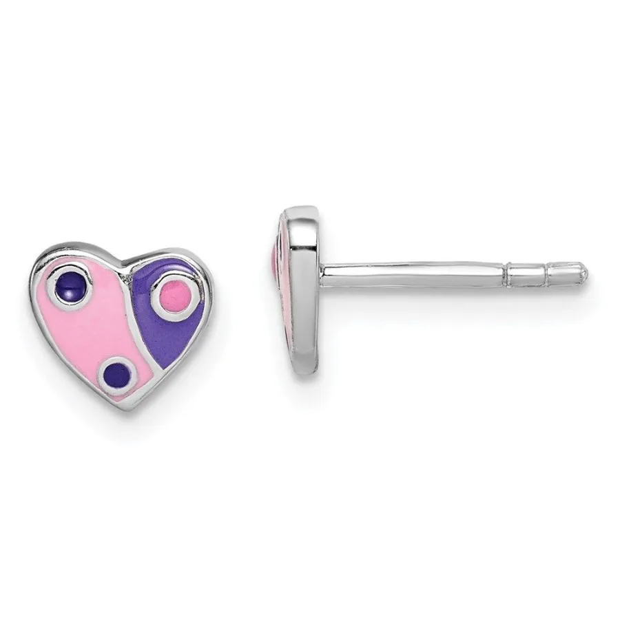 

Sterling Silver Rhodiumplated Polished Pink Purple Enameled Heart 's Post Earrings