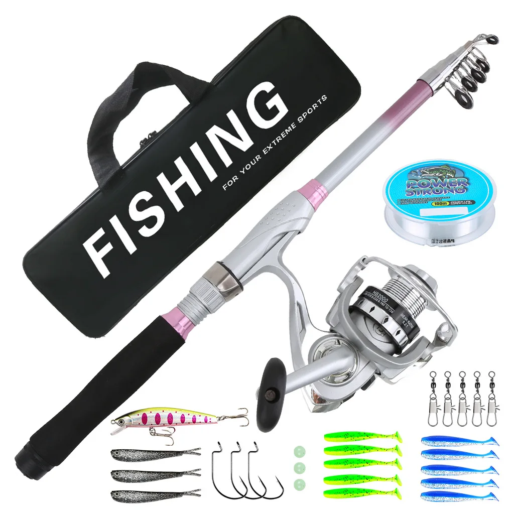 New Style Portable Telescopic Lure Rod Combo for Female Anglers,Silver Pink Ladies Complete Fishing Tackle Set Lure Storage Box