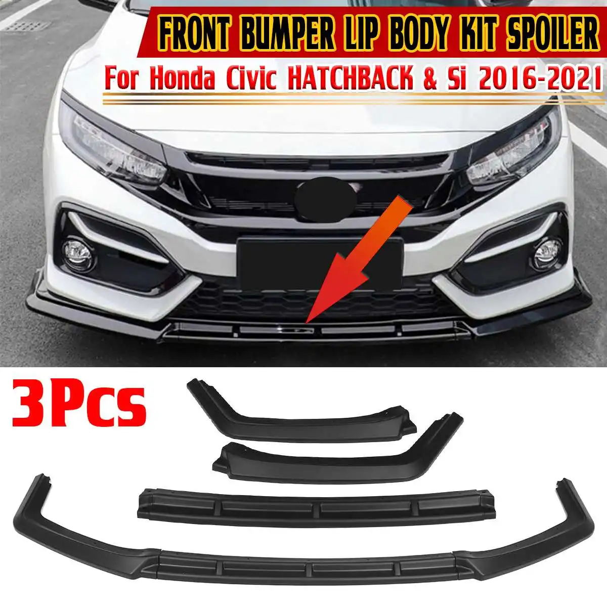 3pcs Car Front Bumper Splitter Lip Spoiler Body Kit Bumper Diffuser Guard Deflector Lips For Civic Hatchback  2016-2020 2017