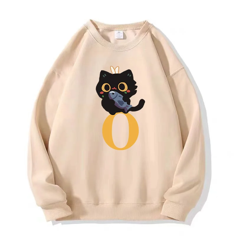 Black Cat Catch Fish Pattern Print Couple Hoodies 2024 New High Quality Trend Crew Neck Sweatshirts