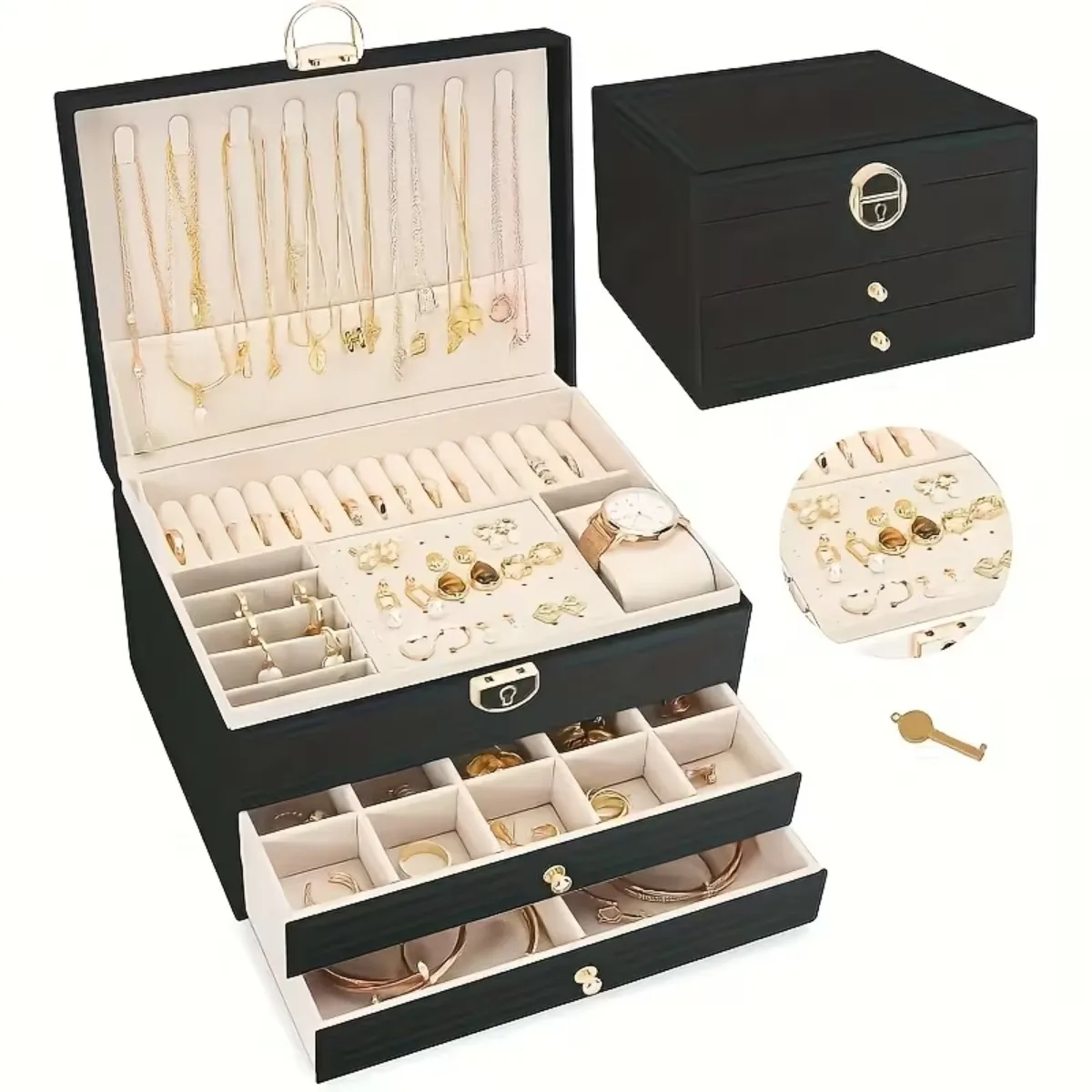 

Коробка-органайзер для ювелирных изделий, большой емкости, 3-слойный с замком, ожерелье, серьги, браслет, чехол для хранения часов, антиокислительная кожа