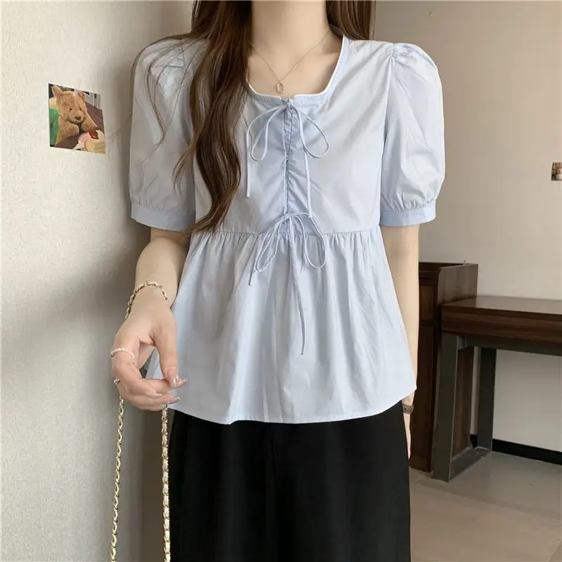 Square Collar Short-sleeved Blouse Women's Clothing Stylish Ruffle Summer Versatile Solid Color Loose Drawstring Short Shirts