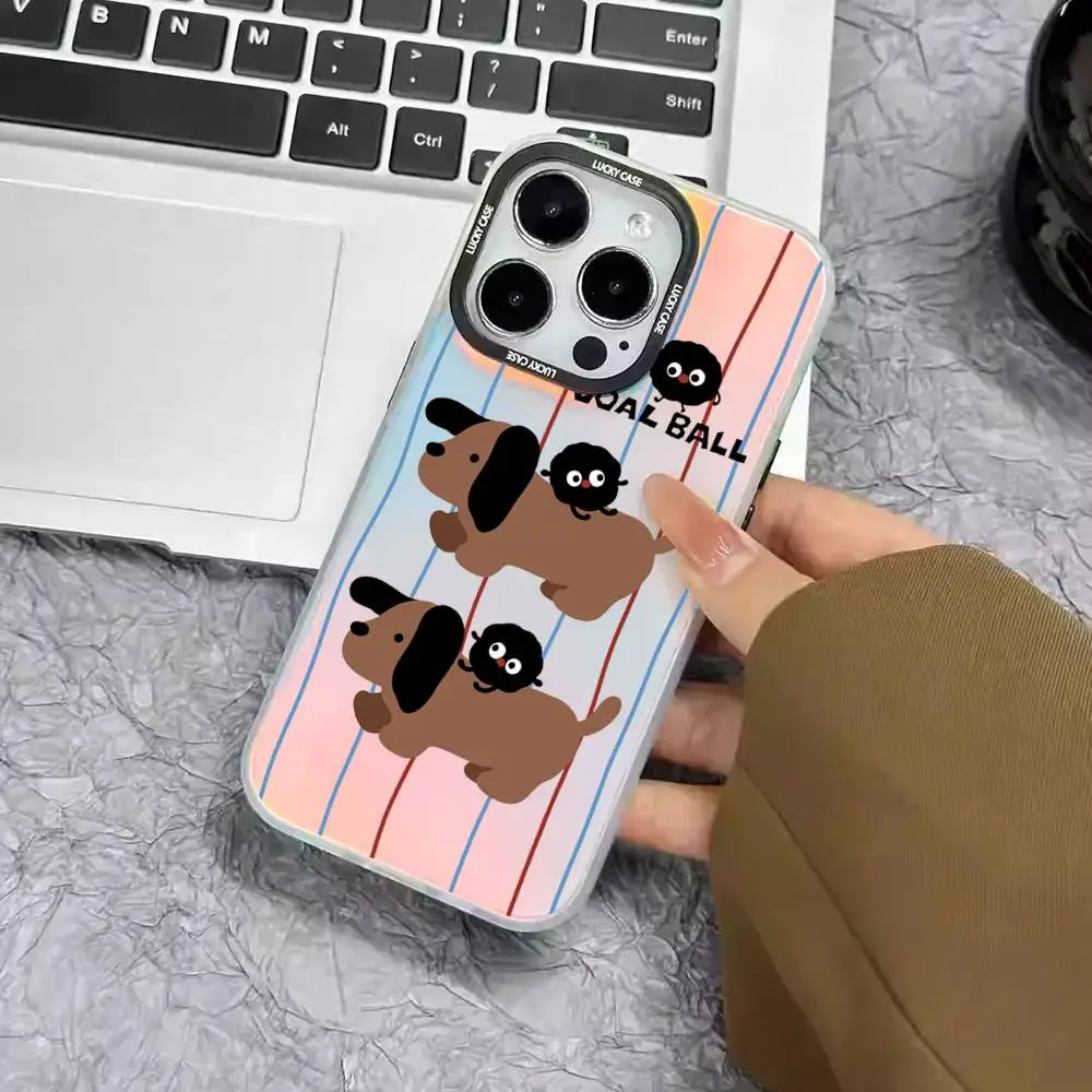1pc Korean Cute Dog Stripes Gradient Phone Case Laser IMD Color Silver Shell For IPhone 17 16 15 14 13 12 11 Air Pro Max Plus