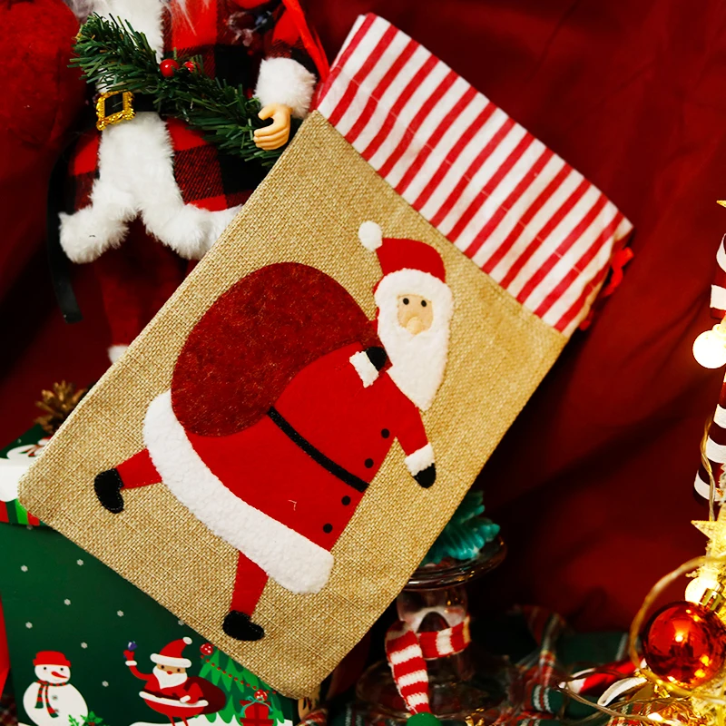 Sacchetto regalo di natale sacchetto di tela di cotone da uomo di pan di zenzero di babbo natale per sacchetto di caramelle sacchetto di gioielli di lino sacchetto di coulisse regalo dell'albero di natale