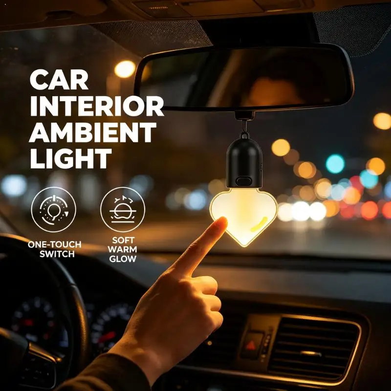 Heart Shaped Car Rearview Mirror Hanging Light USB Rechargeable Warm LED Atmosphere Lamp Cute Auto Interior Decor Pendant Light