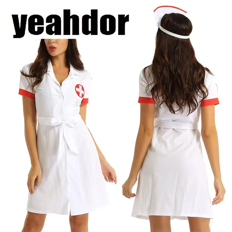 

Women Nurse Dress Cosplay Uniform with Belt Hat for Halloween Party Roleplay Nurse Costume Outfit Night Clubwear Sexy Lingeries