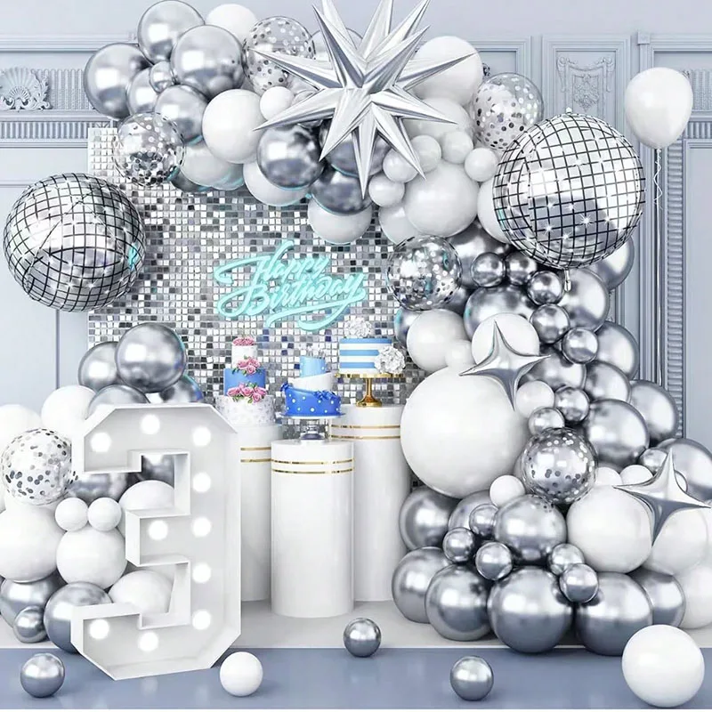 115-teiliges silber- und weißes Disco-Party-Ballon-Set, für Geburtstag, Hochzeit, Verlobung, Jahrestag, Junggesellenabschied und Feiertagsfeier