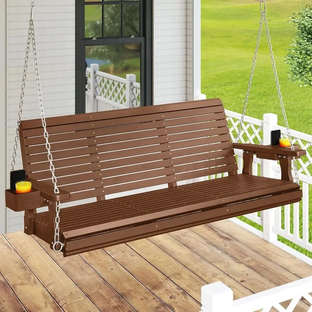 Wooden 3-Person Outdoor Swing Chair with Cup Holders, Deep Seat, 880 lbs Capacity, Ideal for Patio, Garden, Backyard (Teak Tone)