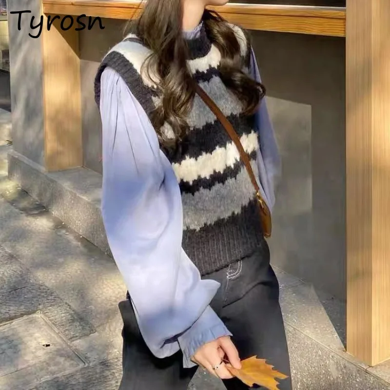 

Sweater Vests Women Striped Panelled Preppy Style Vintage Sweet Students Warm Autumn Streetwear Casual Japanese Style Chic Soft