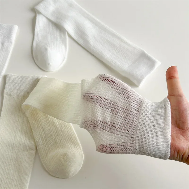 

1-8 Pairs Women Summer Plain Casual Cotton Long Socks girl Breathable Hollow Mesh Thin Design Fashion Sweet Style Stacked Socks