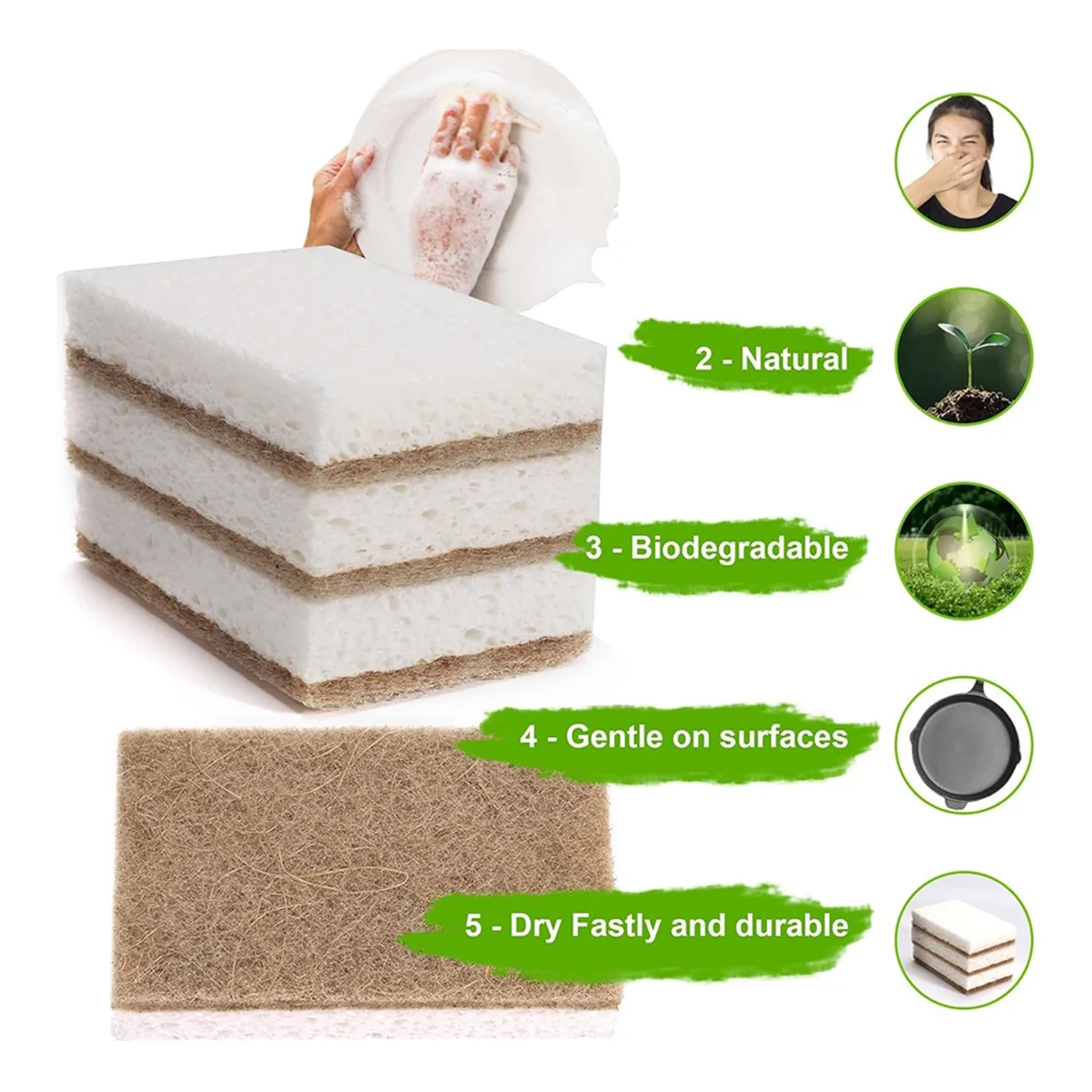 High-end Eco-Friendly Natural Sponges for Dishes 12 Pack - Biodegradable Kitchen Sponge with Compostable Coconut Scrubber