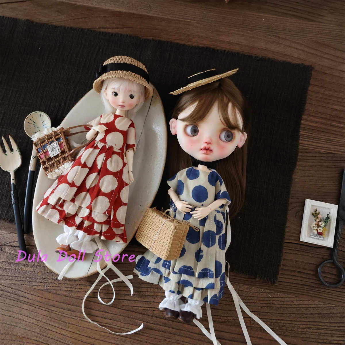 2026 Dula Doll Clothes Dress for Blythe OB24 OB22 Landazz Landoudou 1/6 Doll Retro Polka Dot Blue Red Multi-layer Dress