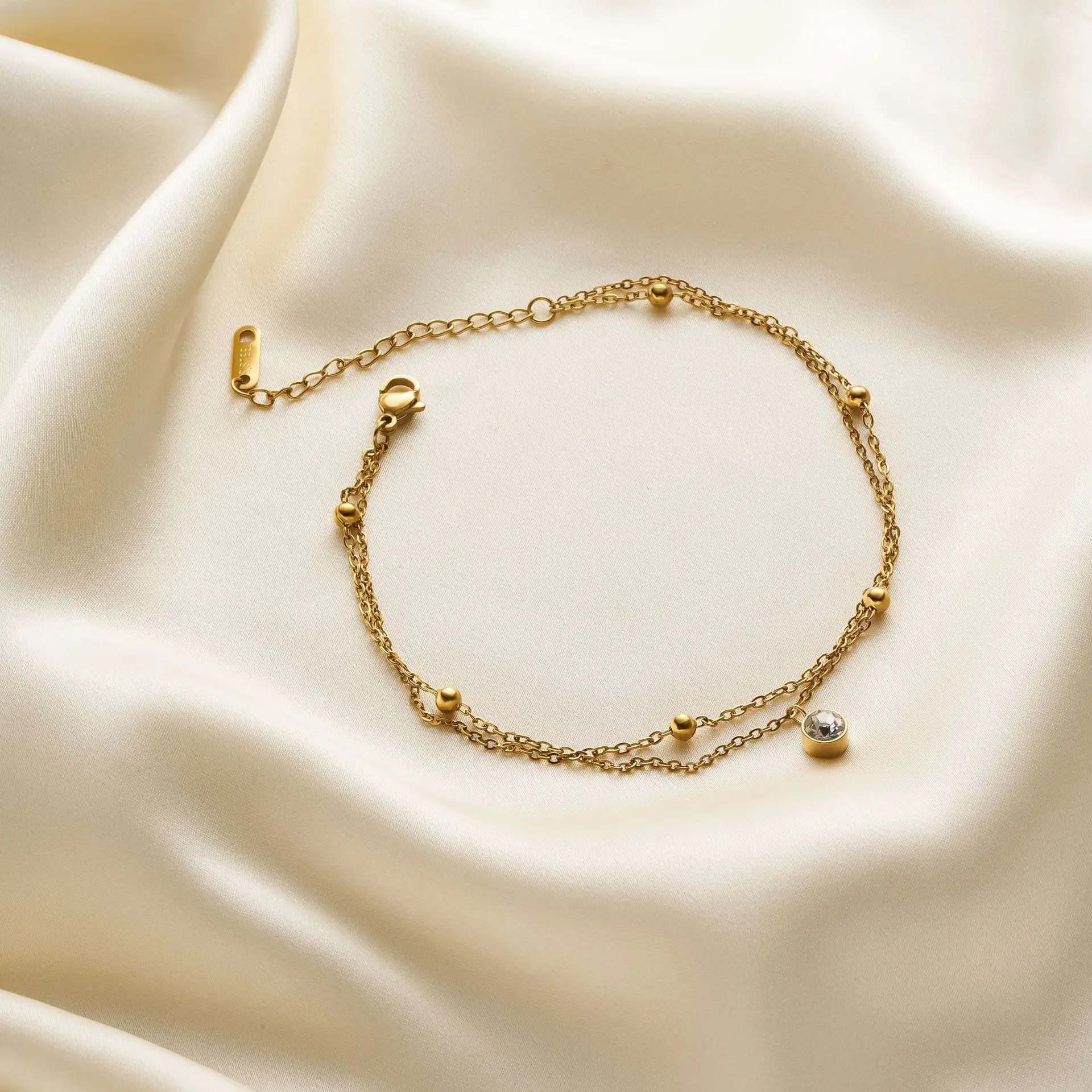 Two-layer Bead Bracelet & Anklet Set, Single Zircon 18K Gold Plated Hypoallergenic Stainless Steel Women Jewelry