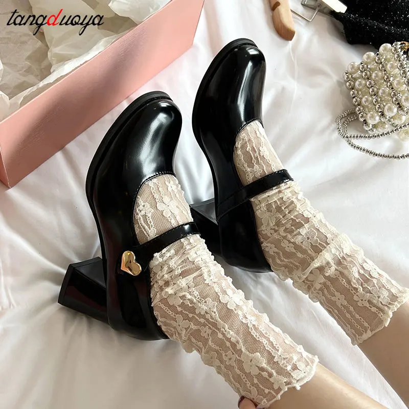 Spring High Heels Women Shoes 2024 New Thick Mary Janes Lolita Pumps Fashion Ladies PU Leather Sandals Casual Black Zapatillas