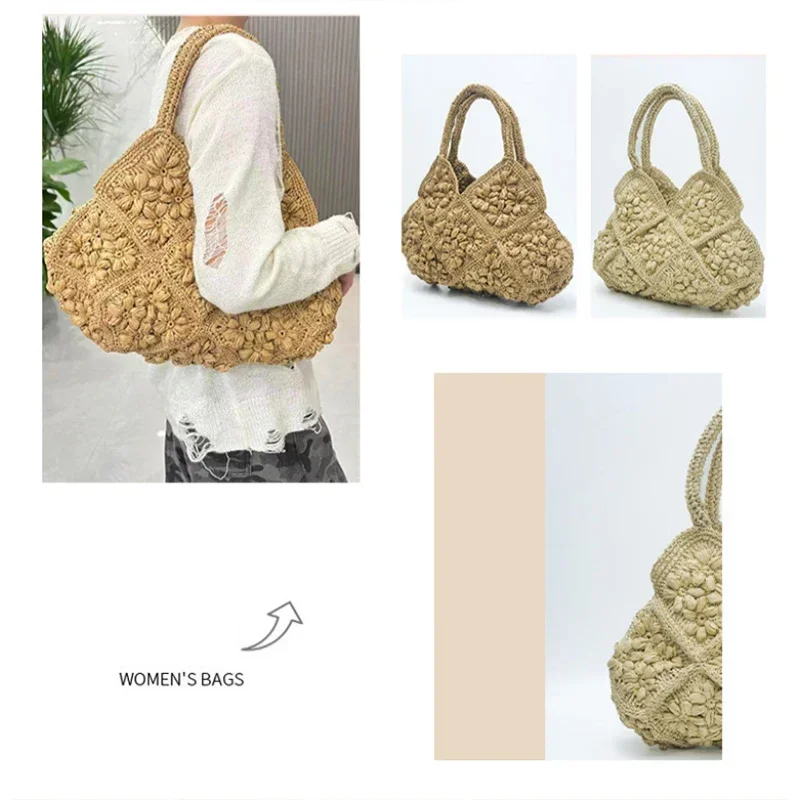 Handgefertigte Strandtasche aus gewebtem Papier, hochwertige 3D-Blumen-Grastasche, große Kapazität, tragbare Urlaubstasche für Frauen am Meer. – Detail 13