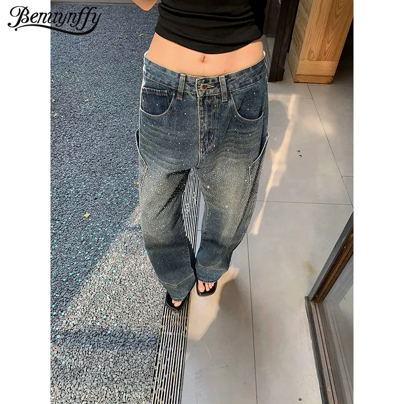 

Benuynffy Vintage Y2K Rhinestone Baggy Jeans for Women 2026 Spring New American Streetwear Low Waist Straight Wide-leg Pants