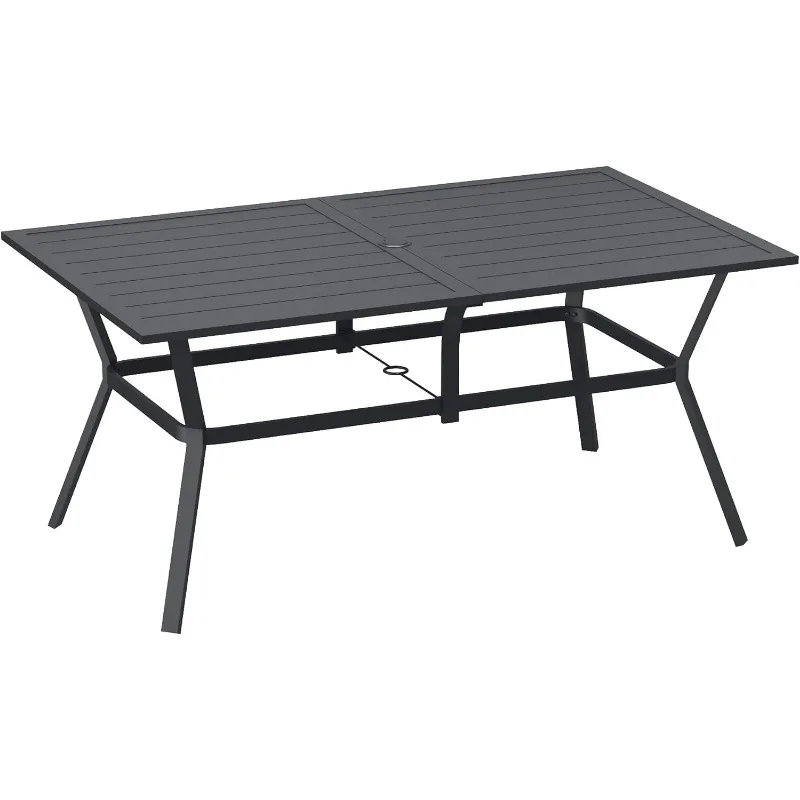 Rectangle Patio Dining Table for 6 Person, Outdoor Metal Steel Slat Table with Umbrella Hole for Patio,Lawn,Garden, Porch, Black