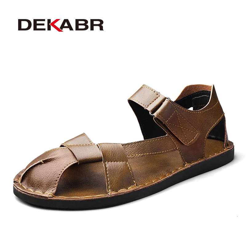 DEKABR Men Pu Leather Sandals Summer Outdoor Casual Comfortable Closed Toe Non Slip Soft Sole Breathable Male Beach Shoes
