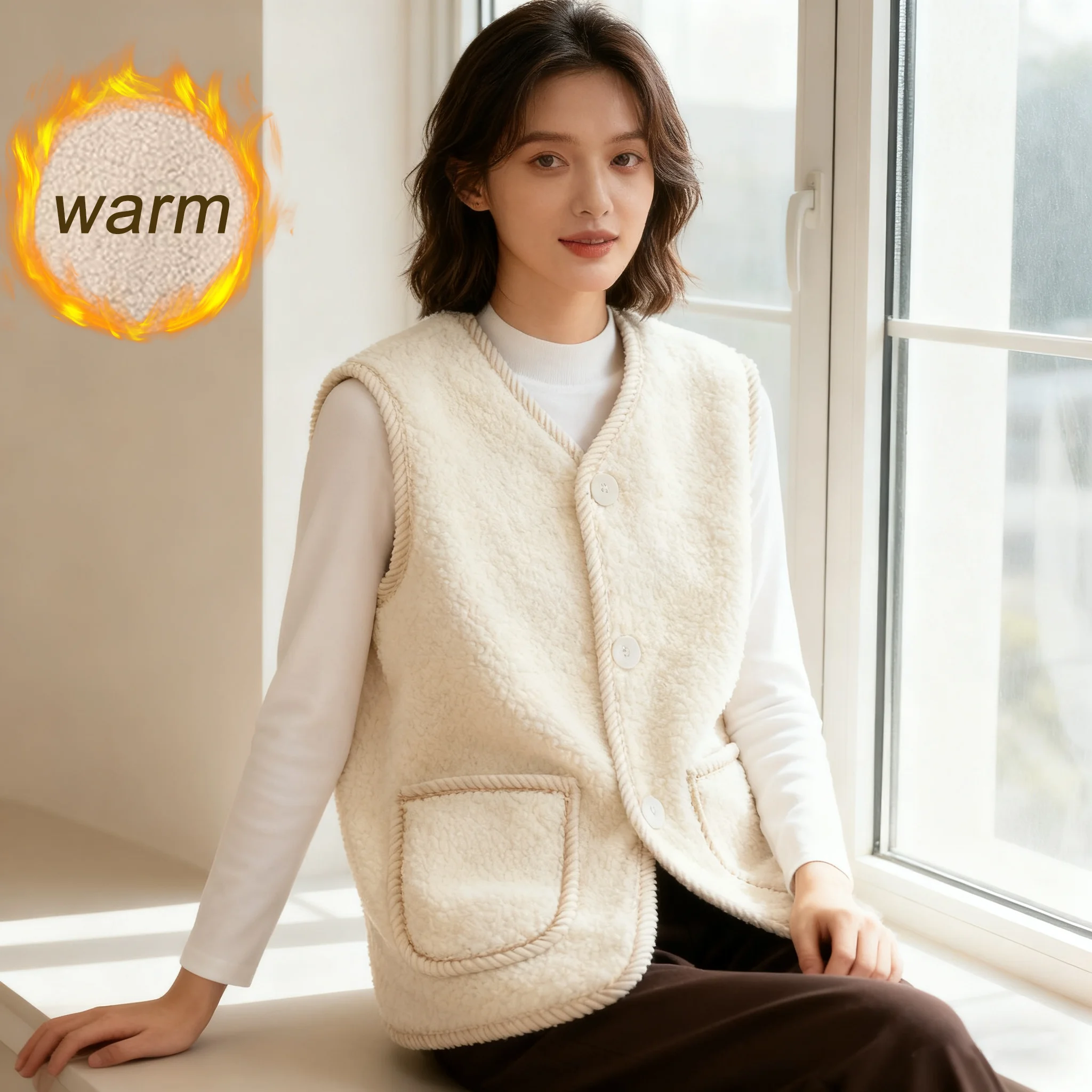

2025 Autumn Women Fleece Vest Casual Warm Faux Shearling Sleeveless Jacket with Pockets Teddy Coat Gilet