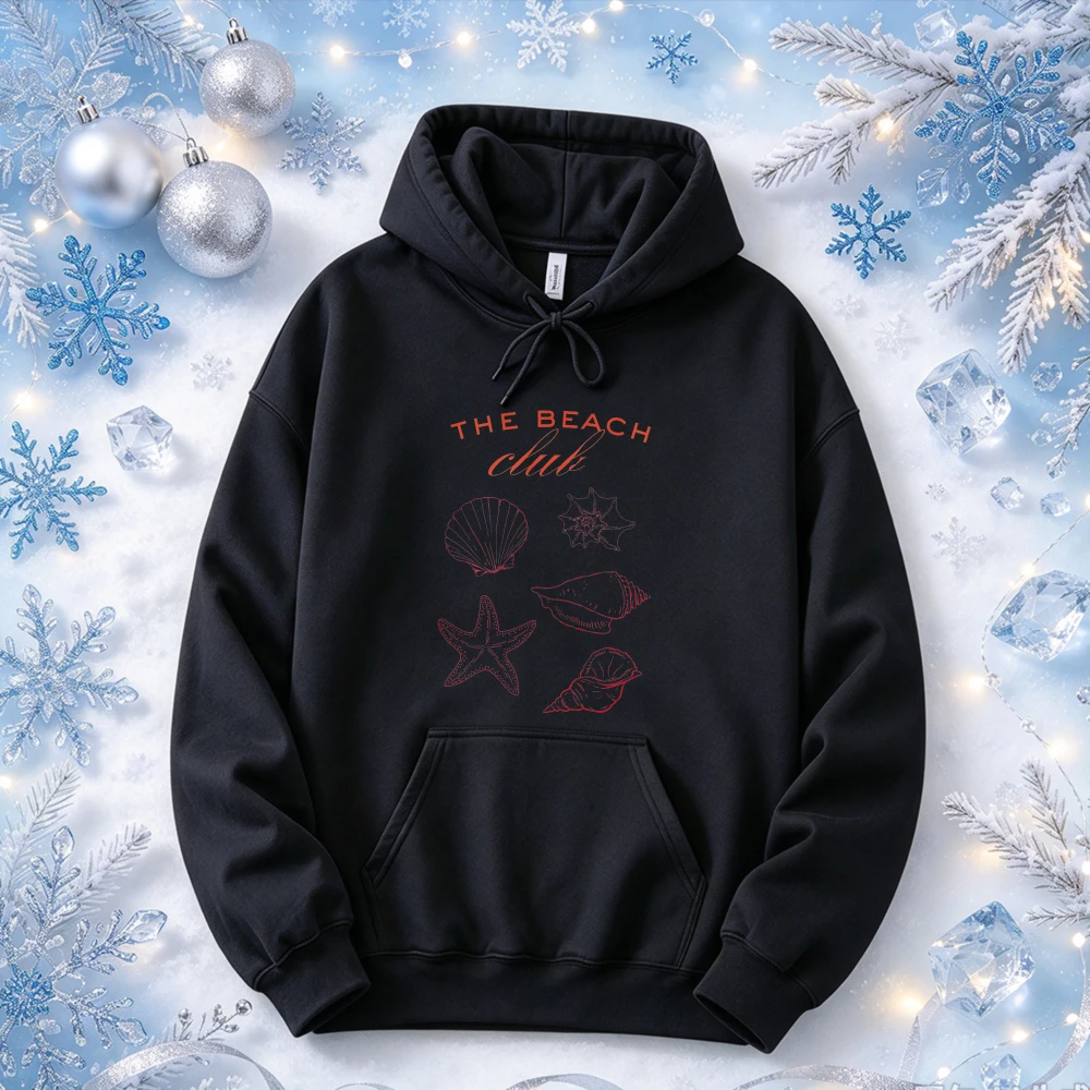 The Beach Club Seashell Starfish Graphic Hooded Sweatshirt Vintage Ocean Sea Shell Print Pullover Long Sleeve Casual Tops Hoodie