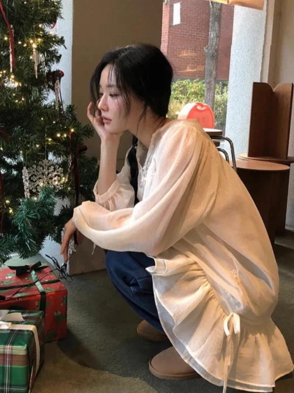 

Chic f-Unbuttoned Collar T Dr Women's Spring New Sle Pleated Hem Dstring Bot Anti-Aging Chiffon irt