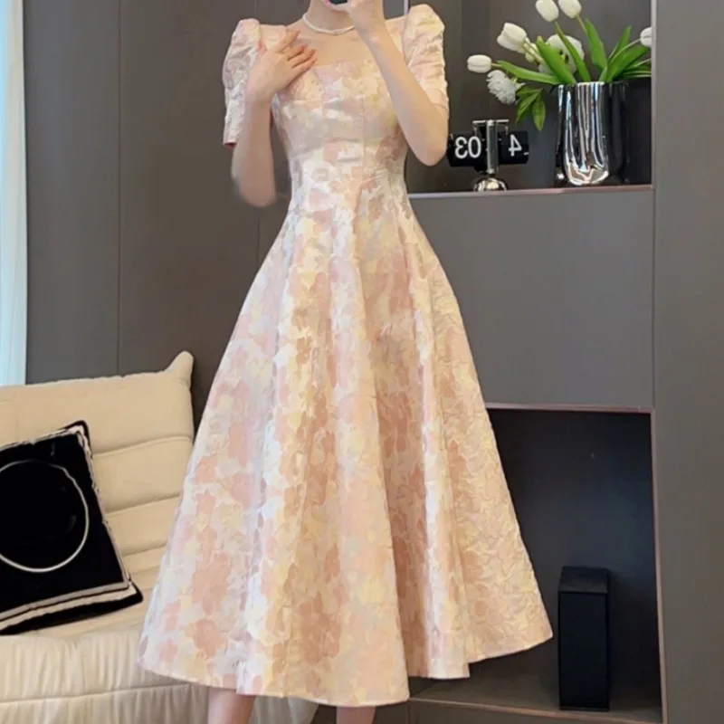 OCEANLOVE Pink Floral Long Dresses Puff Sleeve French Style Vintage Elegant Vestidos Mujer Spring Summer Sweet Women Dress