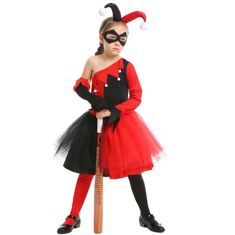 

Halloween Girls Joker Droll Cosplay Kids Children Circus Clown Costumes Carnival Purim Parade Stage Role Play Party Dress