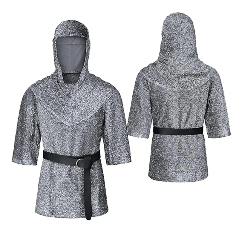 Renaissance Faux Chain Mail Armor Tunic Shirt Coif Medieval Knight Cowl Crusader Costume outfit Bracers Waist Belt Set