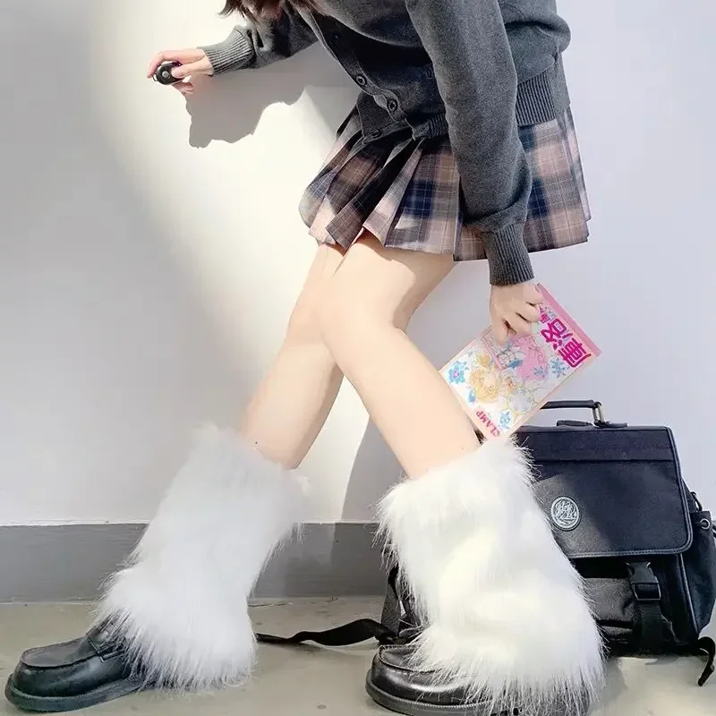 Bas en fausse fourrure pour femmes et filles, jambières moelleuses, chaussettes longues, couvre-bottes, chaussettes de mollet optiques, blanc doux,