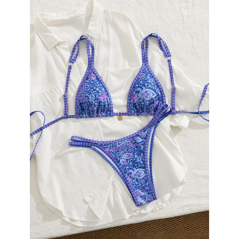 

Новая мягкая сумка с синим принтом, толстый плечевой ремень, регулируемый галстук сзади, пляжный женский комплект бикини с открытой спиной