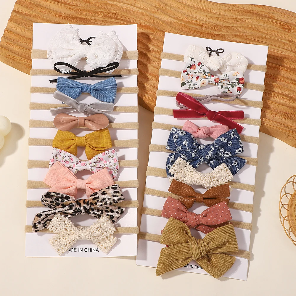 10-teiliges Baby-Stirnband-Set für Mädchen, Spitze, Blumen, handgefertigt, Leder, Schleife, elastisches Nylon, Samt, Haarschmuck für Neugeborene, Kleinkinder – Detail 1
