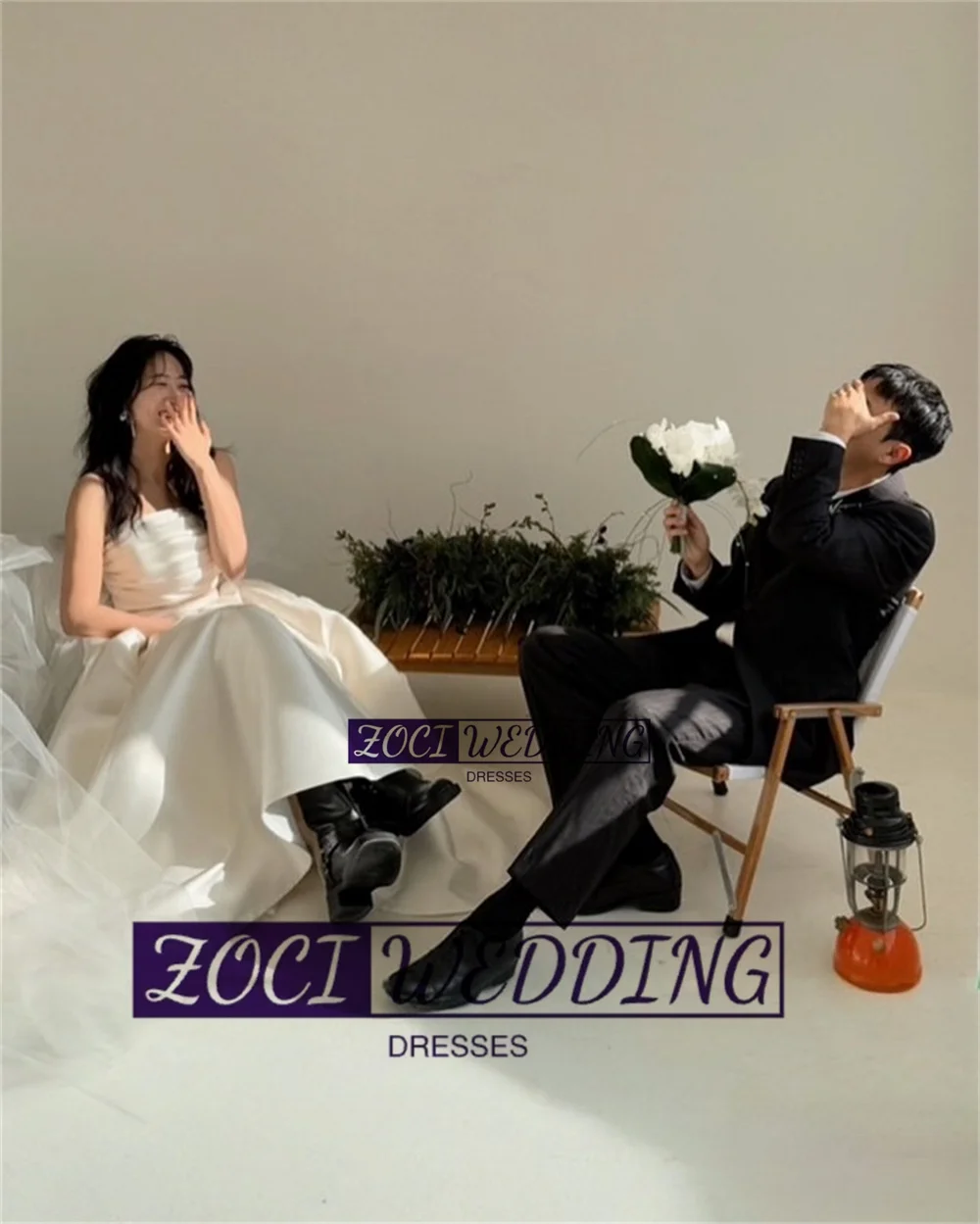 Zoci 2 Pcs Strapless Top Korea Wedding Dresses Pleats Satin Bride Photos Shoot Party Dress Customized Corset Long Bridal Gown