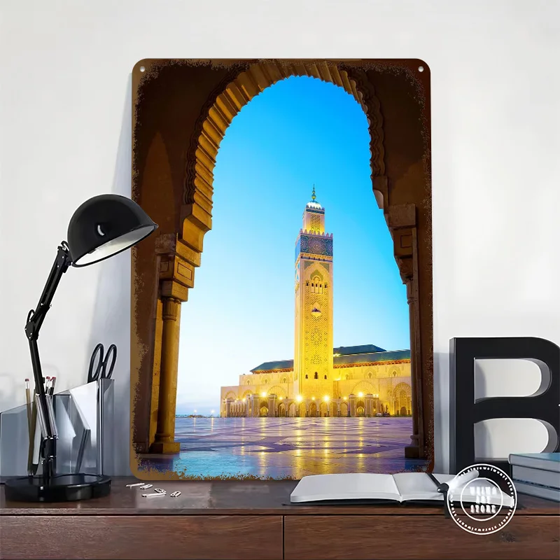 مسجد المغرب أفق المدينة الألومنيوم معدن المشارك خمر عناصر ديكور المنزل علامات معدنية مخصصة للجدار الفن الديكور رجل الكهف