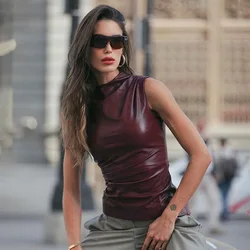 Women's Fashion PU Leather Vest Elegant Solid Color Top High Street Versatile Women's Clothing