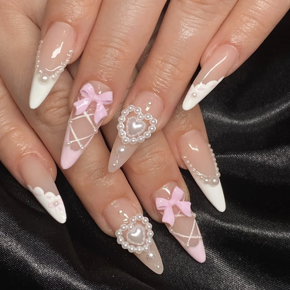 24Pcs Fake Nails Rhinestone French Tips with Sweet White Bows and Pearls Press-On Nail Tips Perfect Gifts for Girls and Friends