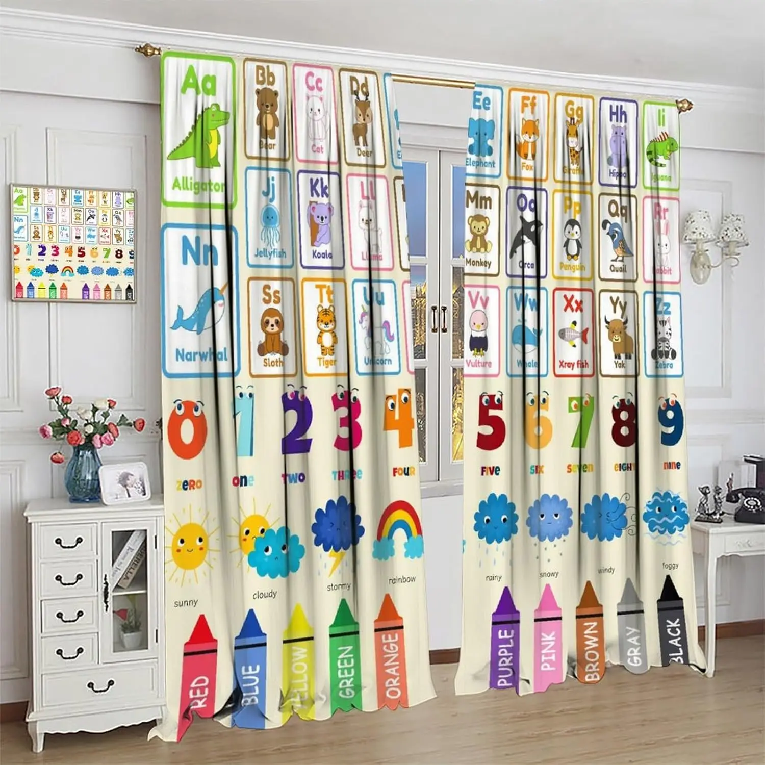 Alphabet Education Curtains, Cartoon Animal Alphanumeric ABC Learning Pencils Blackout Windows Treatments, Thermal Insulation