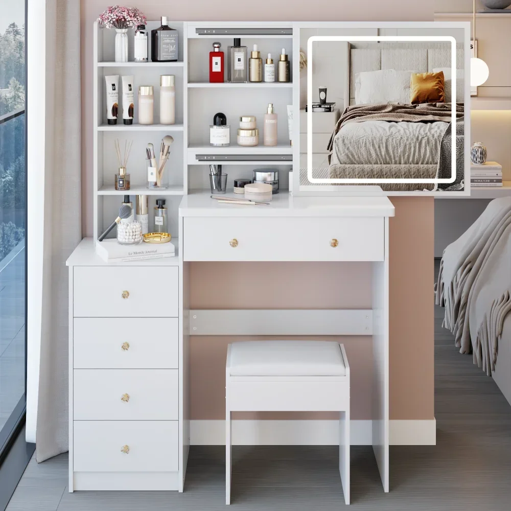 

37" Middle Size Left Bedside Cabinet Vanity Table + Cushioned Stool, Large Sliding, Touch Control, Tri-color Switching,Vanity