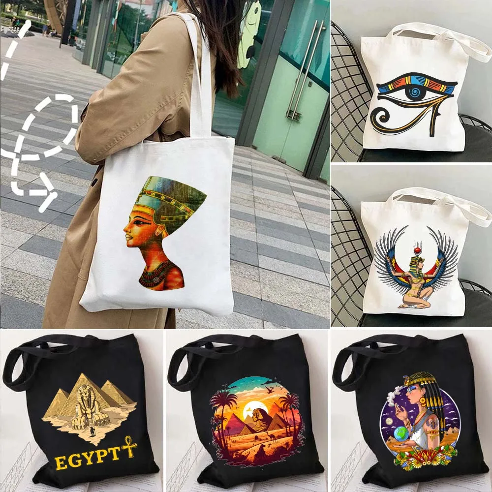 

Vintage Ancient Egypt Landscape Totem Pharaoh Canvas Shopping Tote Bag Queen Atum Egyptian Pyramids Eye Of Horus Shopper Handbag