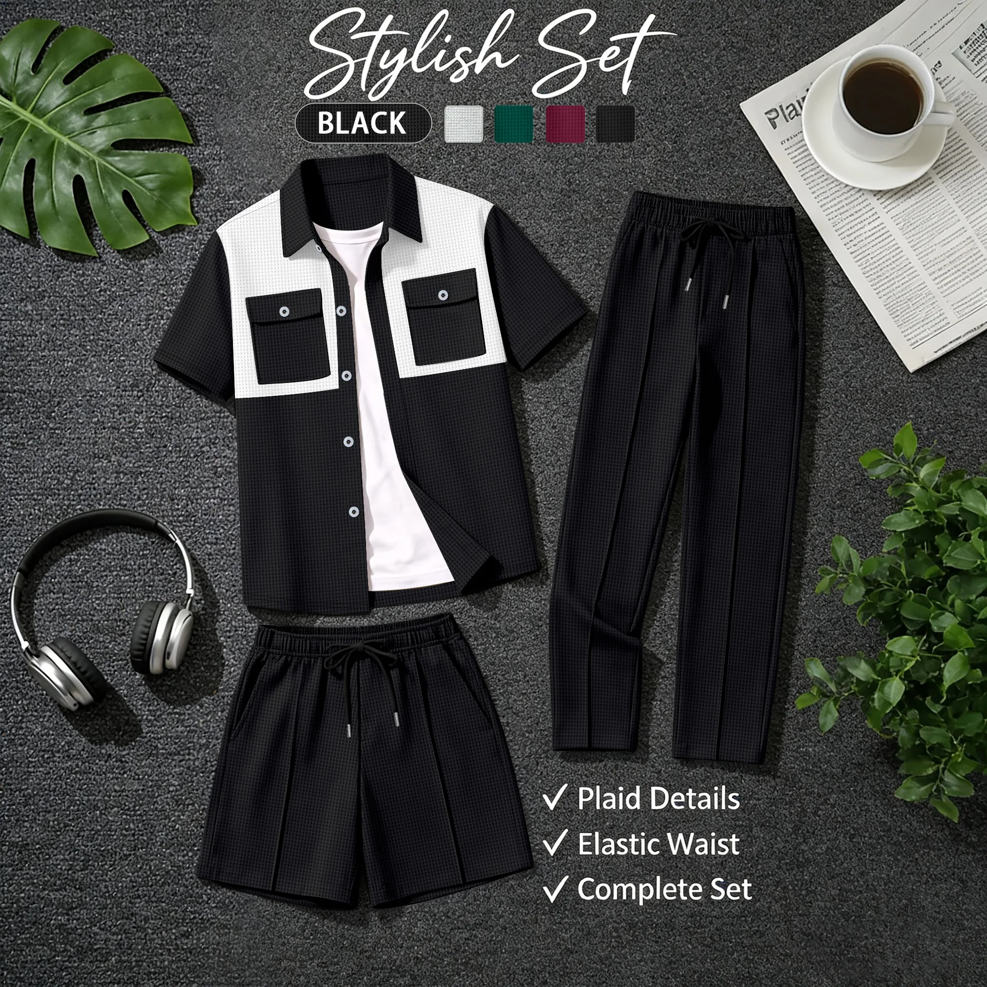 

Men's multi-color checked waffle suit - short-sleeved button-down shirt with pockets + elastic-waist shorts and pants - thre