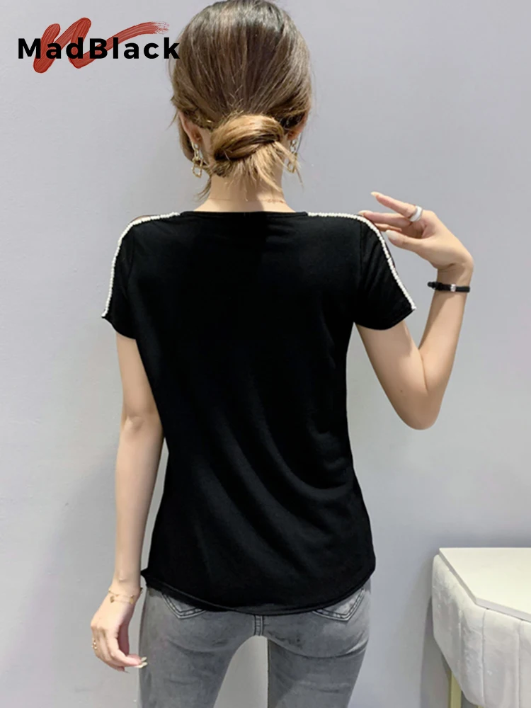 MadBlack Summer European Clothes V Necks T-Shirt Women Sexy Luxury Beaded Slim Mesh Tops Short Sleeve Bottoming Tees T33023X