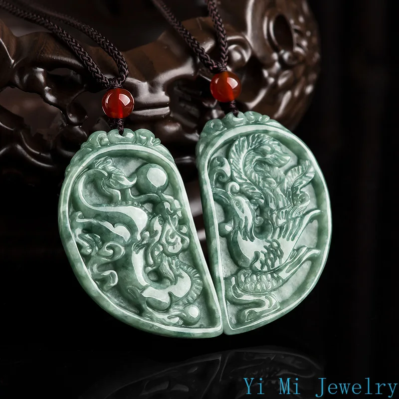 Natural A-grade Jade Pendant Dragon Phoenix Paired Couple Pendant for Men and Women High End Fashion Jewelry Jade Necklace