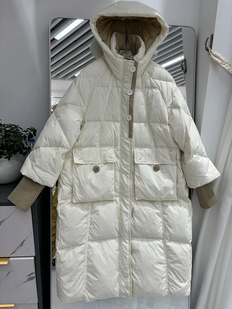 เสื้อแจ็คเก็ตขนเป็ดสำหรับผู้หญิงแบบมีฮู้ดสำหรับฤดูหนาว  แบบหนา  ซิป  ให้ความอบอุ่น  ยาวถึงเข่า  สีขาว  มีกระเป๋าใหญ่  แบบพาร์กา  เสื้อคลุมกันหนาว