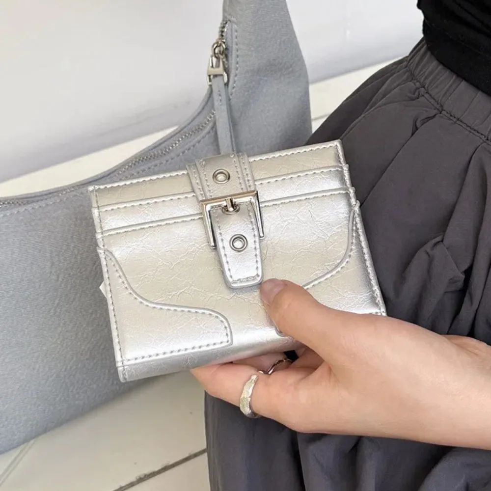 Women Silver Leather Card Holder Ultra-Thin Mini Buckle Coin Purse Portable Wallet Cute Bank Credit Id Bag Multi-Card Slot