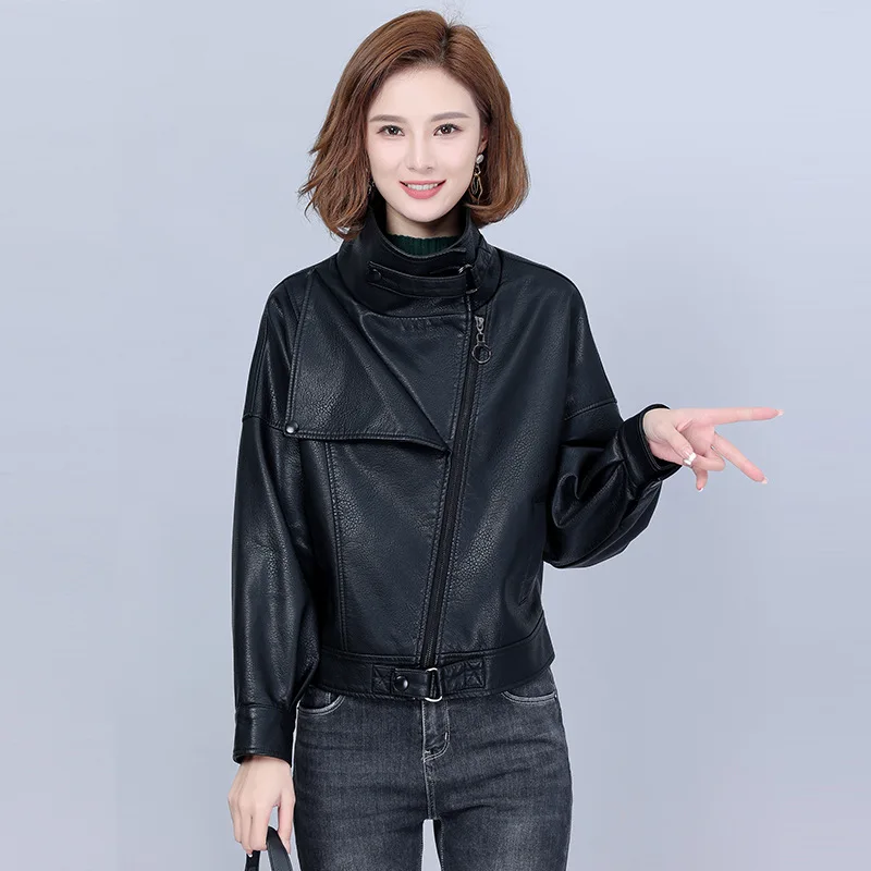 2023 Spring New Women Autumn Winter Faux Leather Jacket Oversized Korean Female Slim Loose Stand Collar Coat Girl Outerwear