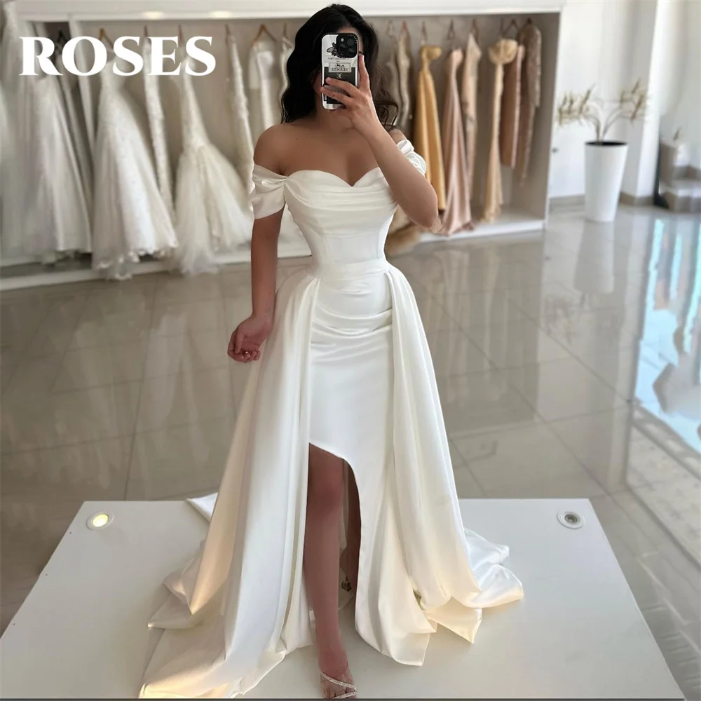 Vestido De noche blanco De rosas con hombros descubiertos, Vestido De fiesta plisado De línea A, Vestido De Novia Sexy con abertura lateral alta