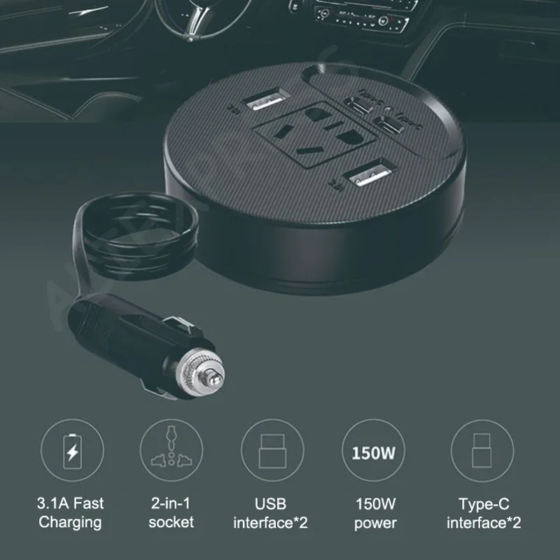

Автомобильный инвертор с быстрой зарядкой, 150 Вт, USB Type-C, преобразователь напряжения с 12В/24В DC в 220В AC для быстрой зарядки