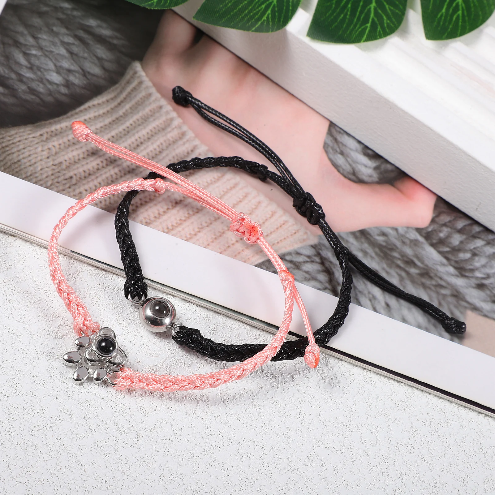 

2 Pcs Fun Woven Bracelets With Adjustable Charms Black Circle And Pink Paw Print Gift For Couples