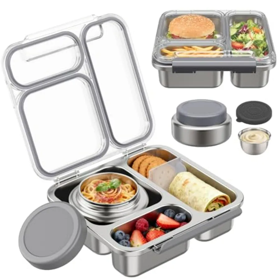 

Insulated Stainless Steel Bento Box for and Adults with 7oz Thermal Soup Jar Transparent Lid Metal Lunch Container with Removab