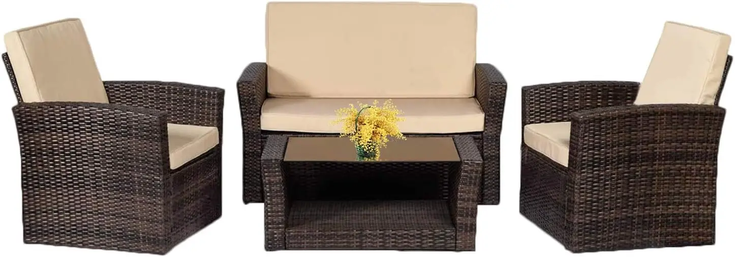 

4 Pieces Outdoor Patio Furniture Sets Sectional Sofa Rattan Chair Wicker Conversation Set Outdoor Backyard Porch Poolside